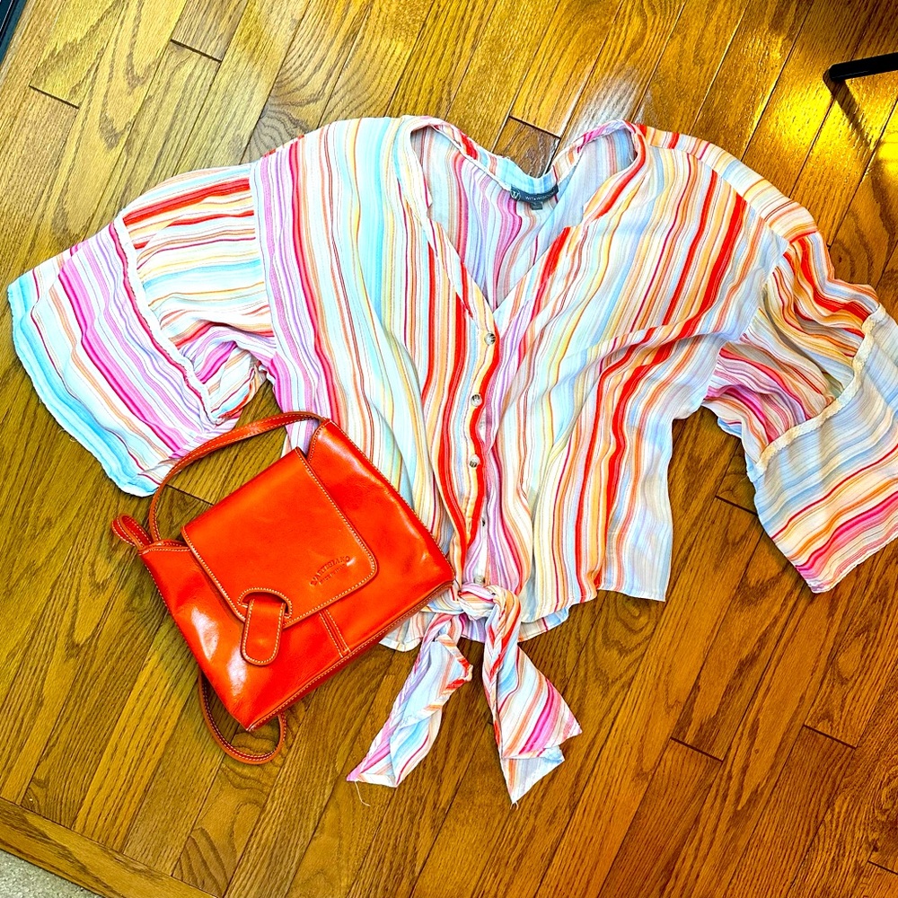 Wit & Wisdom Orange Striped Mid-thrift Tie Blouse with Wide Boho Sleeves Size L